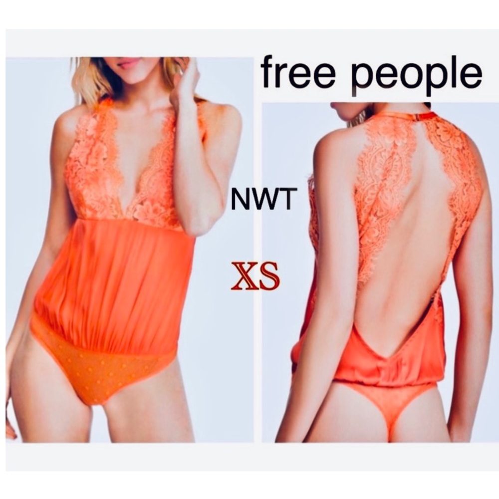 NWT free people orange satin eyelash lace cut out back thong mesh bodysuit XXS/S